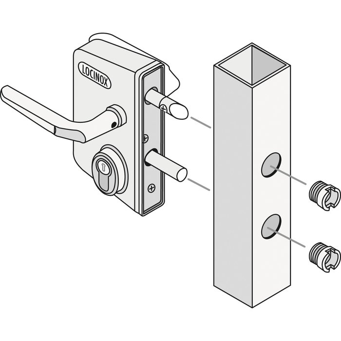 Serrure de portail en applique Locinox LCKX avec montage sur profil tubulaire et fixation par bagues