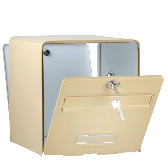 Boîte aux lettres à encastrer double face BALthazar BURG-WÄCHTER beige foncé avec porte ouverte à 120°, serrure à clé et porte-étiquette.