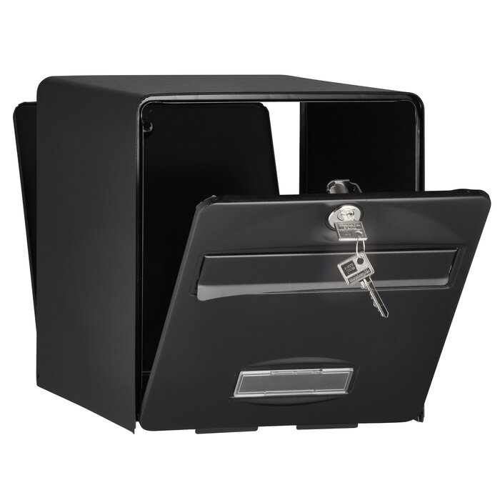 Boîte aux lettres à encastrer double face BALthazar BURG-WÄCHTER noire avec porte ouverte à 120°, serrure à clé et porte-étiquette.