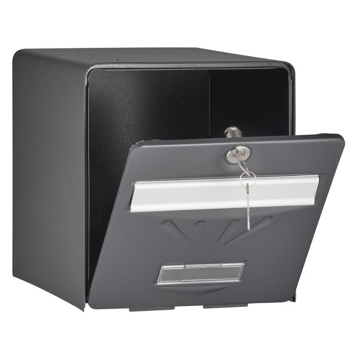 Boîte aux lettres BALnéaire simple face grise anthracite BURG-WÄCHTER avec clapet en aluminium et porte ouverte.