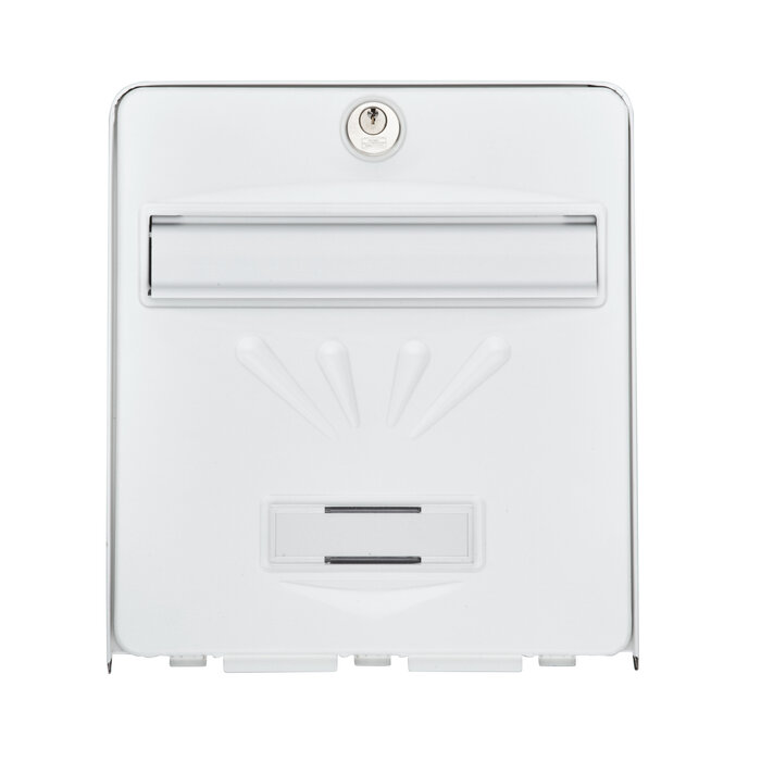 Boîte aux lettres BALnéaire simple face blanche BURG-WÄCHTER avec clapet en aluminium et porte ouverte.