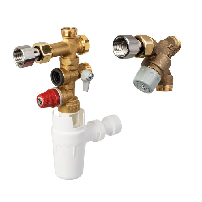 Kit de sécurité pour chauffe-eau thermodynamique KMIXH avec groupe de sécurité à siège laiton, mitigeur thermostatique en angle, raccords diélectriques, croix de dérivation et siphon - Thermador