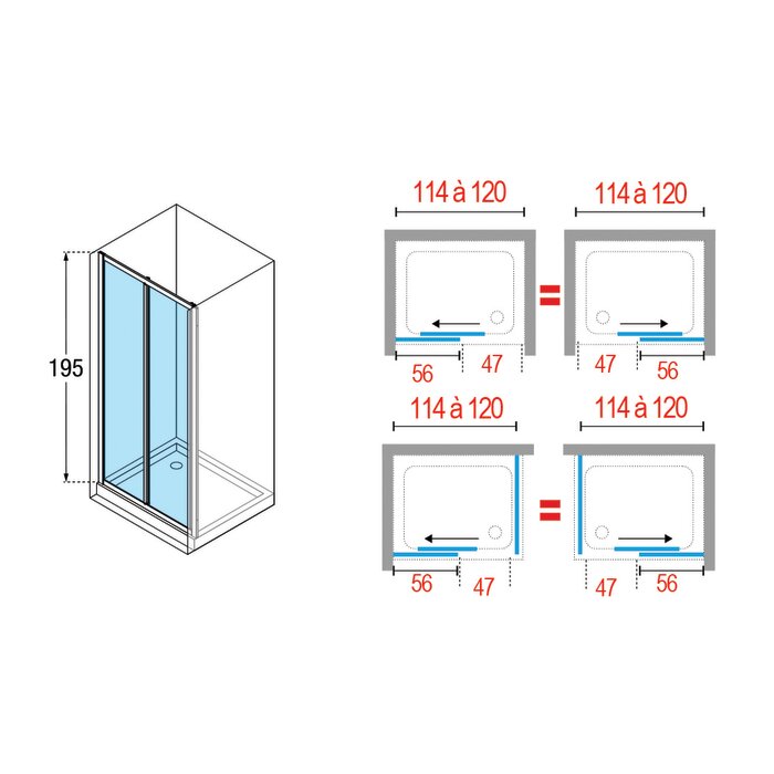 Schéma porte de douche coulissante avec panneau fixe Ocean 2P 120 x 195 cm Novellini
