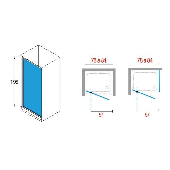 Schéma porte de douche battante Ocean G 80 x 195 cm Novellini