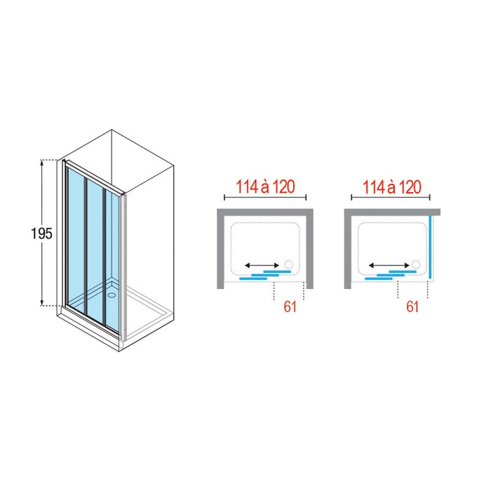 Schéma porte de douche coulissante 3 vantaux Ocean P 120 x 195 cm Novellini