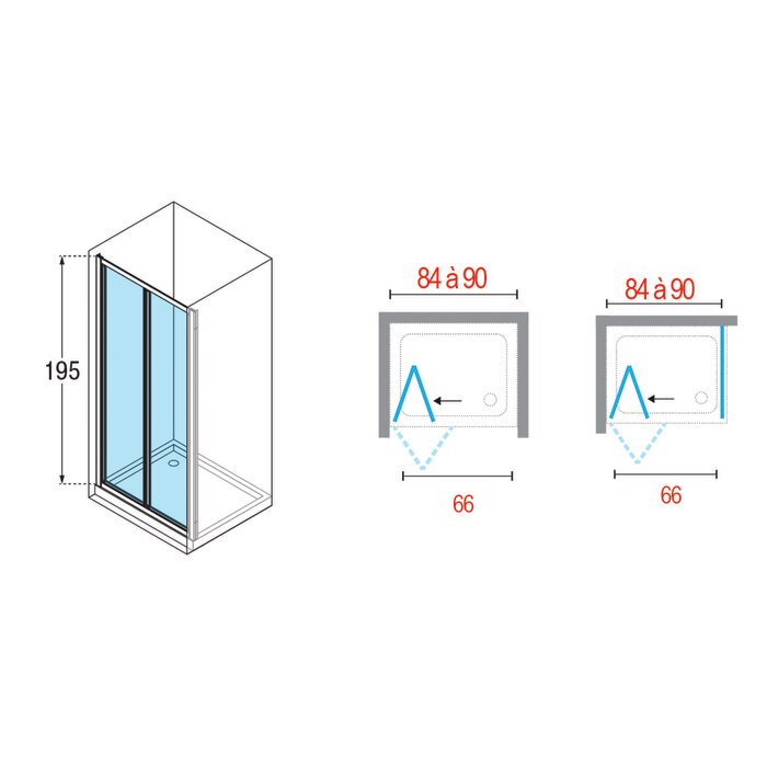 Schéma porte de douche pliante Ocean S 90 x 195 cm Novellini
