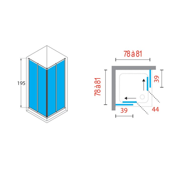 Schéma de l'ensemble de portes de douche coulissantes d'angle Ocean A 80 x 80 cm Novellini
