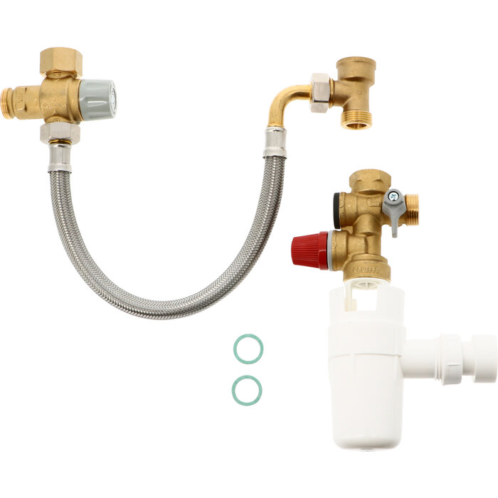 Kit de sécurité pour chauffe-eau vertical KMIXéco avec groupe de sécurité, mitigeur thermostatique, flexible et siphon - Thermador