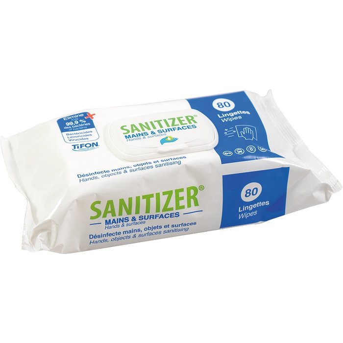 Lingettes désinfectantes Sanitizer - 80 lingettes - Elimine 99.9% des germes