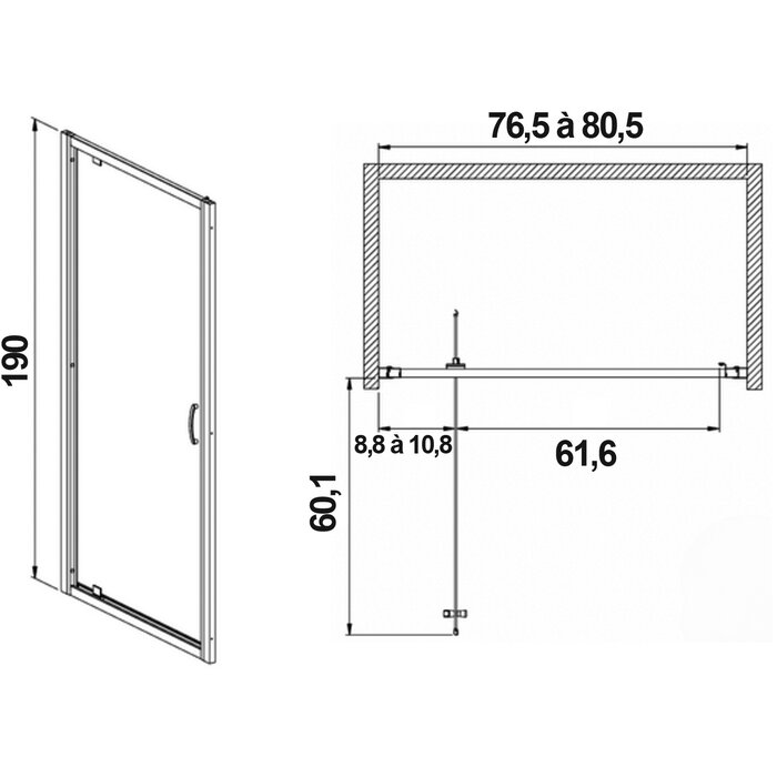 Schéma de la porte de douche pivotante Vista 80 x 190 cm Leda