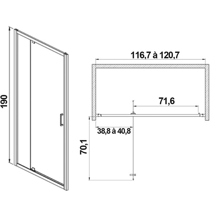 Schéma de la porte de douche pivotante avec paroi fixe en ligne Vista 120 x 190 cm Leda
