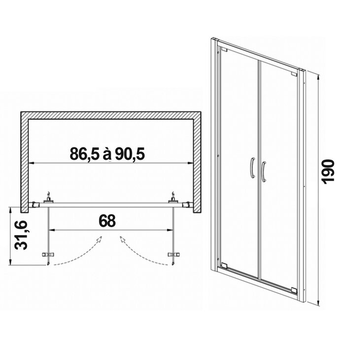 Schéma de la porte de douche battante Vista 90 x 190 cm Leda