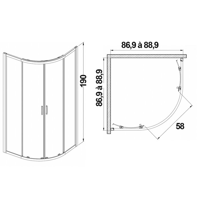 Schéma de la porte de douche coulissante quart de rond Vista 90 x 90 cm Leda