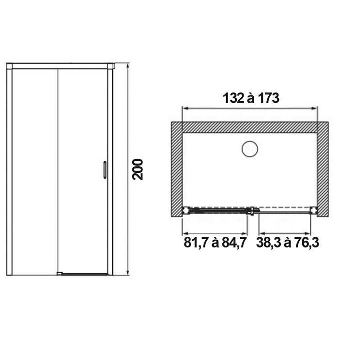 Schéma d'installation de la porte de douche coulissante extensible Arty 132 à 173 cm Leda