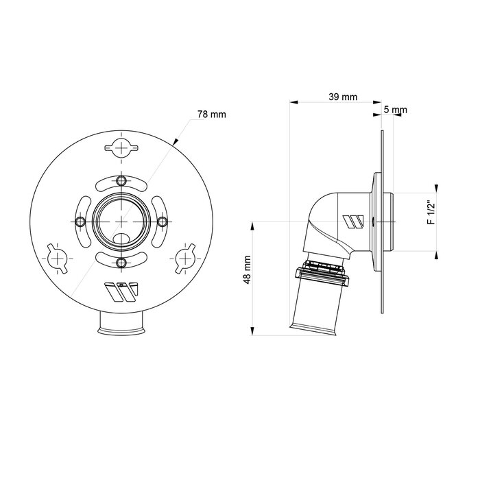 Schéma de la sortie de cloison ROBIFIX® MC Mono à sertir coudée pour tube multicouche Ø 16 mm et robinetterie WC ou machine à laver