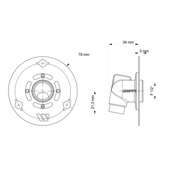 Schéma de la sortie de cloison ROBIFIX® CU Mono à souder coudée pour tube cuivre Ø 14 mm et robinetterie WC ou machine à laver