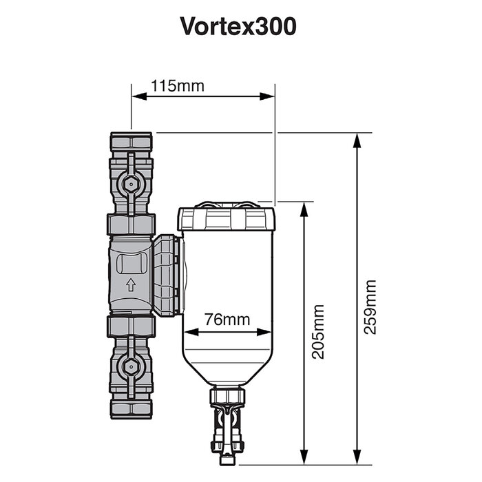 Schéma des dimensions du filtre magnétique Eliminator Vortex 300 Sentinel avec vannes à compression Ø 22 mm