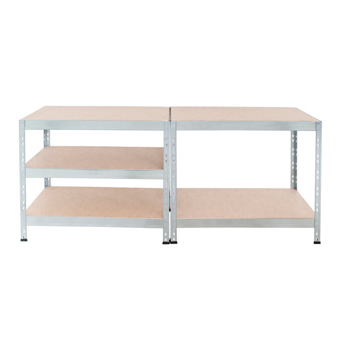 Étagère Rivet Budget montée en configuration établi avec espaces de rangement