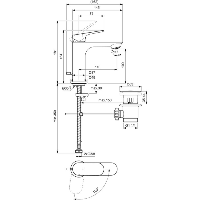 Schéma du mitigeur lavabo chromé avec vidage clic-clac Ophira - Porcher