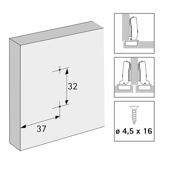 Schéma de perçage pour embase de charnière en applique ou semi-applique - 37 mm et entraxe 32 mm