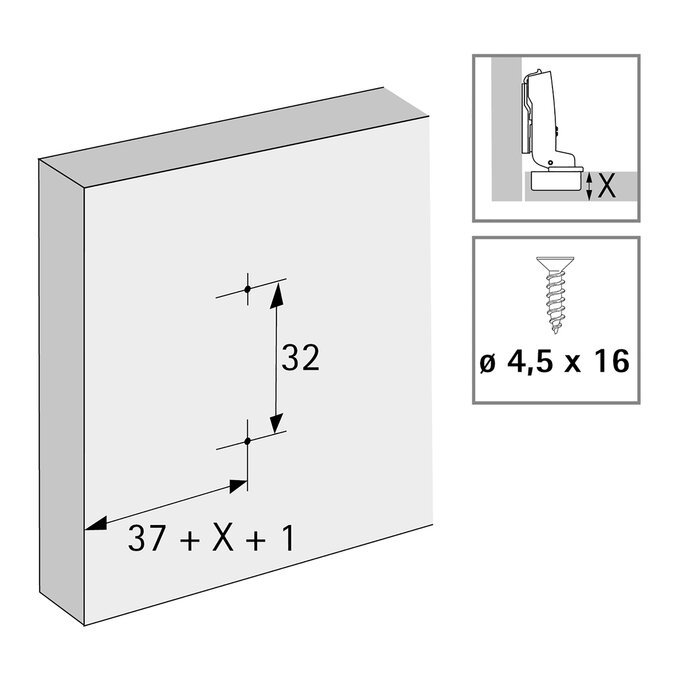 Schéma de perçage pour embase de charnière en montage rentrant - Cote 37 + épaisseur de porte + 1 mm et entraxe 32 mm