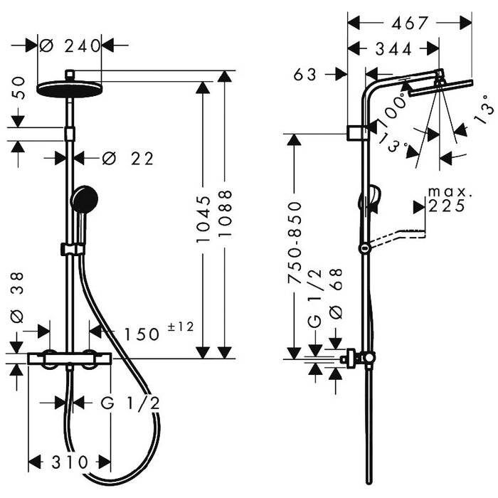 Schéma de la colonne de douche Activera S 240 1jet EcoSmart avec mitigeur thermostatique Ecostat Fine de chez Hansgrohe 