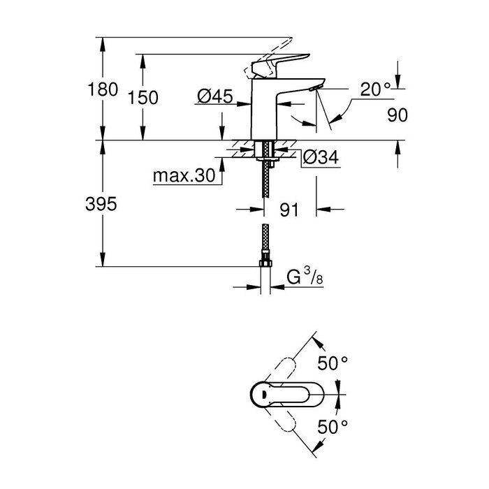 Schéma du mitigeur lavabo monocommande chromé BauEdge - Grohe