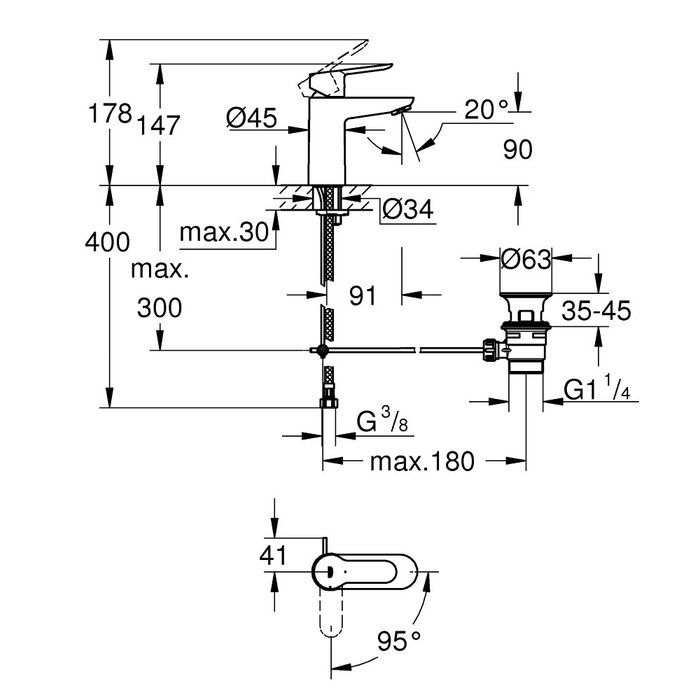 Schéma du mitigeur lavabo chromé avec vidage BauEdge - Grohe