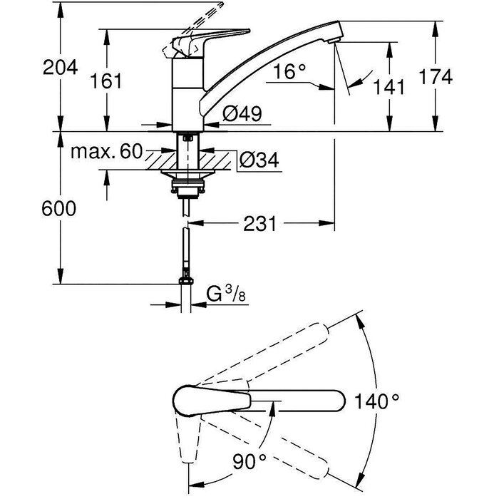 Schéma du mitigeur évier monocommande chromé BauEdge - Grohe