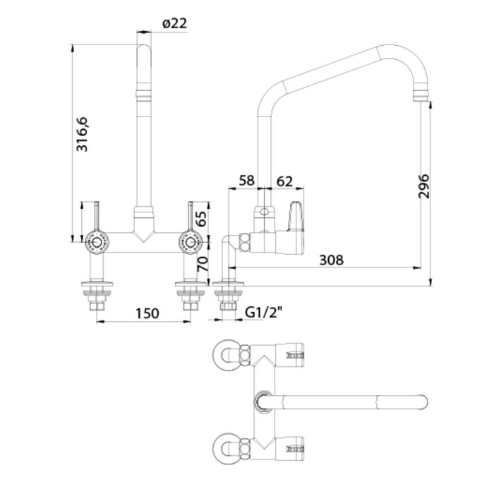 Schéma technique du mélangeur de cuisine professionnel Presto CHEF 70808 – dimensions du bec Ø 22 mm, hauteur sous bec 296 mm, entraxe 2 trous sur plage, raccordements G 1/2