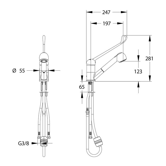 Mitigeur d'évier hospitalier monotrou avec douchette 2 jets - Bec orientable - Commande au coude - Sanifirst - Presto