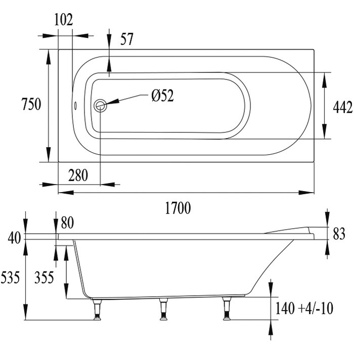 Plan technique coté baignoire droite à encastrer Pacha Mini 160 x 70 cm - Valentin