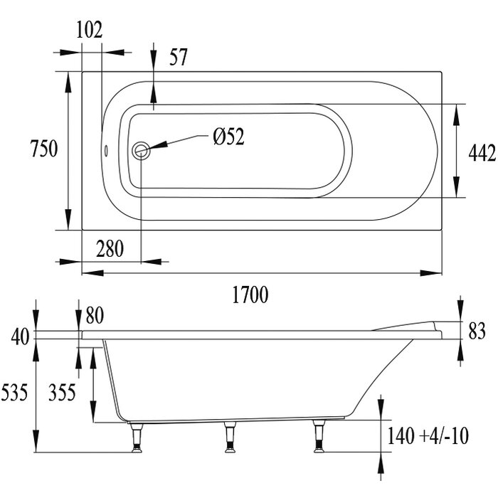Plan technique coté baignoire droite à encastrer Pacha Maxi 170 x 75 cm avec tablier frontal - Valentin