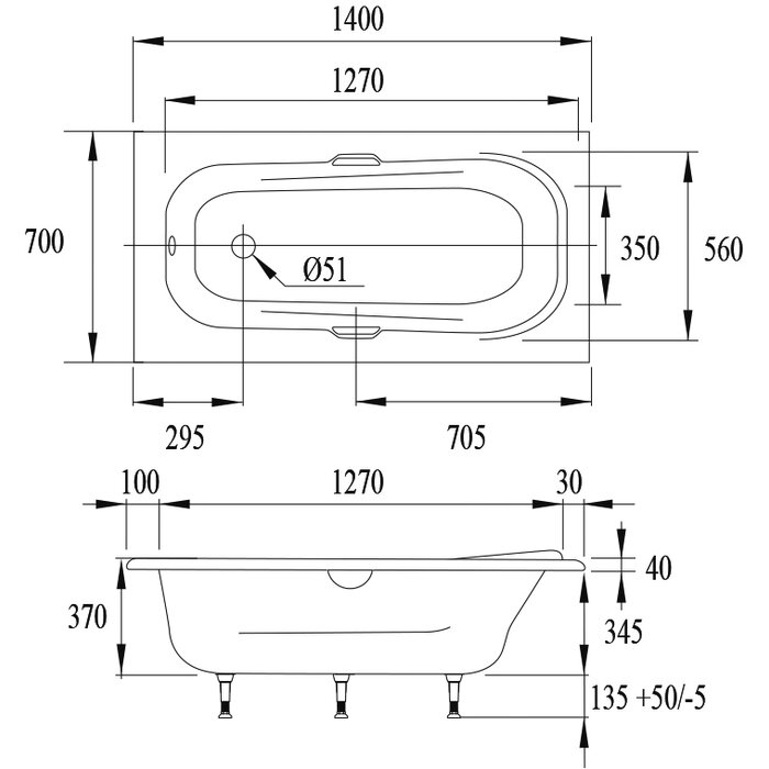 Plan technique coté baignoire droite à encastrer Môme 140 x 70 cm - Valentin