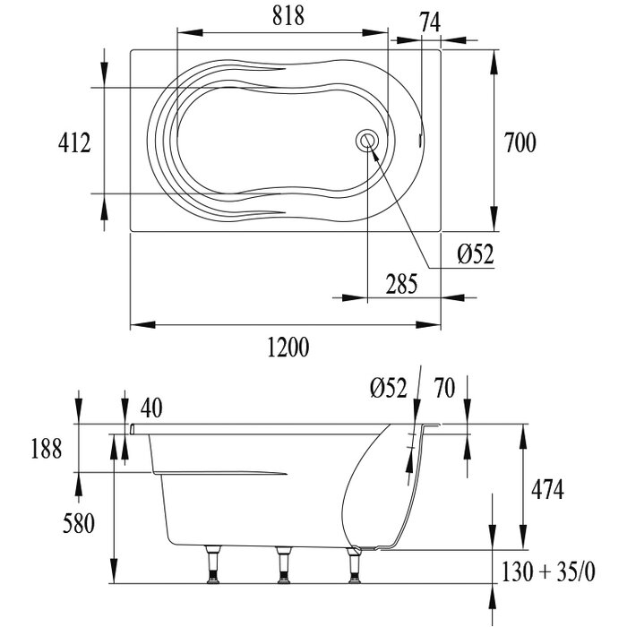 Plan technique coté baignoire droite à encastrer Toy 120 x 70 cm - Valentin
