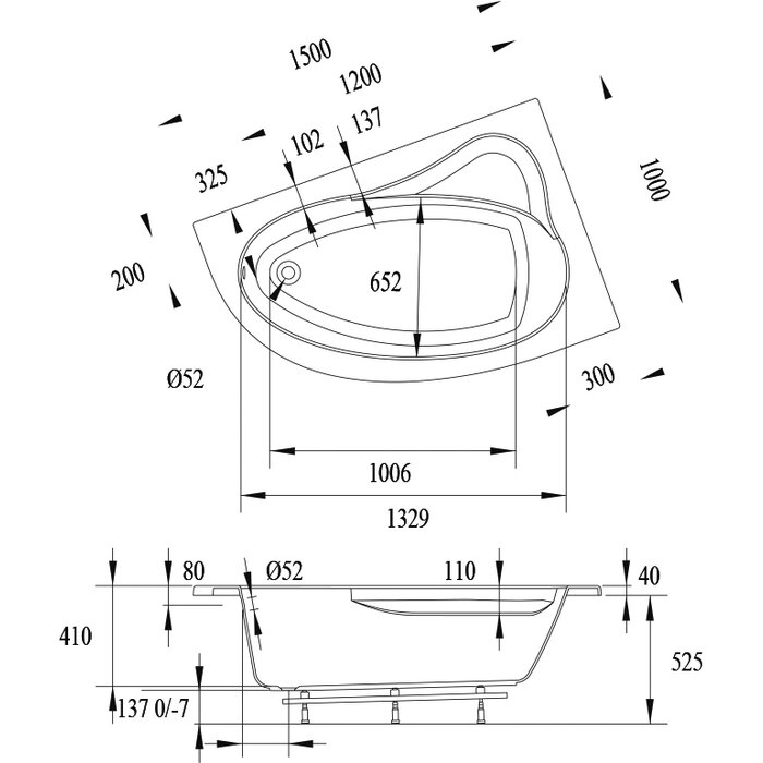 Plan technique coté baignoire d'angle droite Naoshima 150 x 100 cm - Valentin