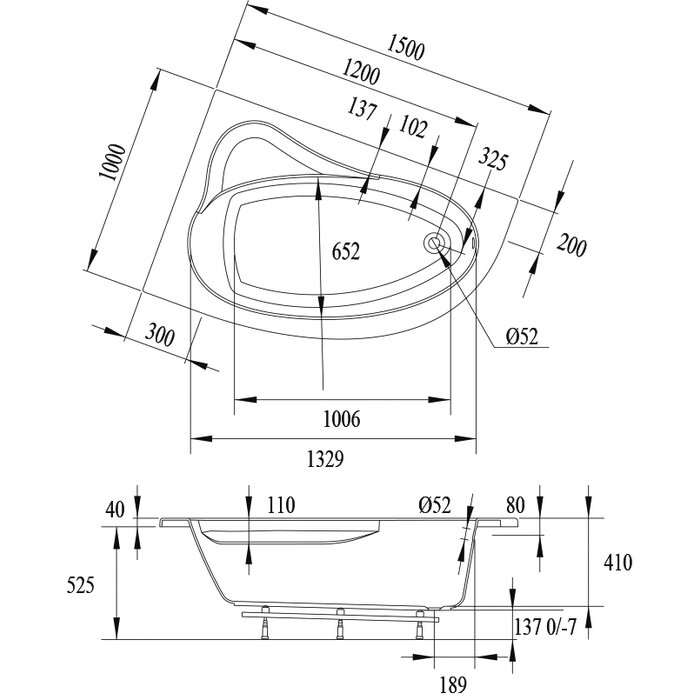 Plan technique coté baignoire d'angle gauche Naoshima 150 x 100 cm - Valentin