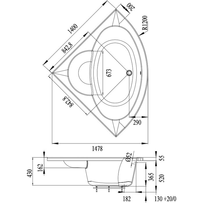 Plan technique coté baignoire d'angle Cezanne 140 x 140 cm - Valentin