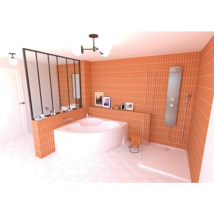Baignoire d'angle Cezanne 140 x 140 cm avec siège de douche intégré dans une salle de bain - Valentin