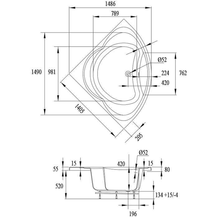 Plan technique coté baignoire d'angle Honoré 140 x 140 cm - Valentin