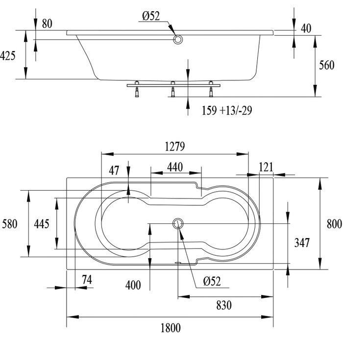 Plan technique coté baignoire droite Jema 180 x 80 cm avec tablier frontal - Valentin