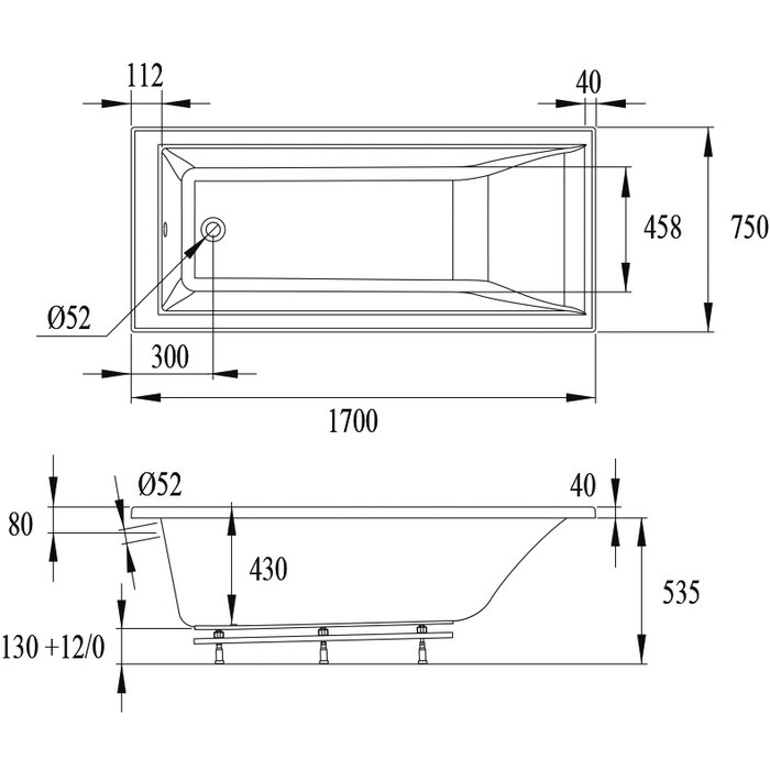 Plan technique coté baignoire droite Dynasty Solo 170 x 75 cm - Valentin