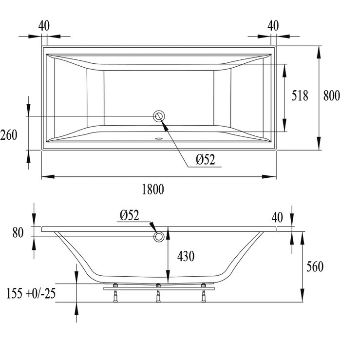 Plan technique coté baignoire Dynasty Duo 180 x 80 cm avec 2 tabliers - Valentin