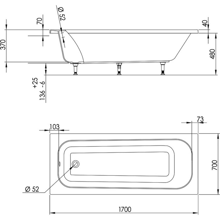 Plan technique coté baignoire droite Palma 170 x 70 cm - Valentin