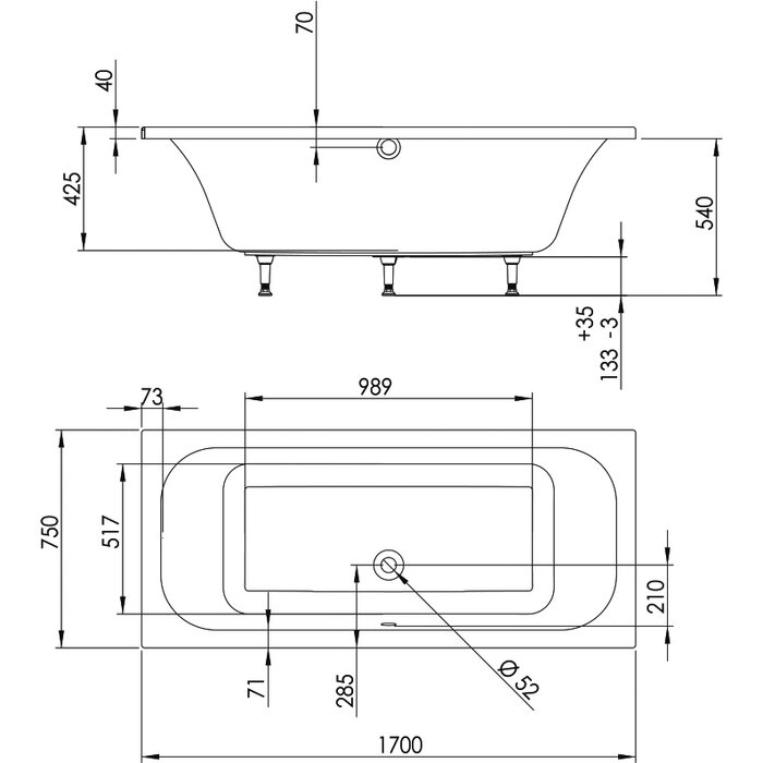 Plan technique coté baignoire droite Malaga 170 x 75 cm - Valentin