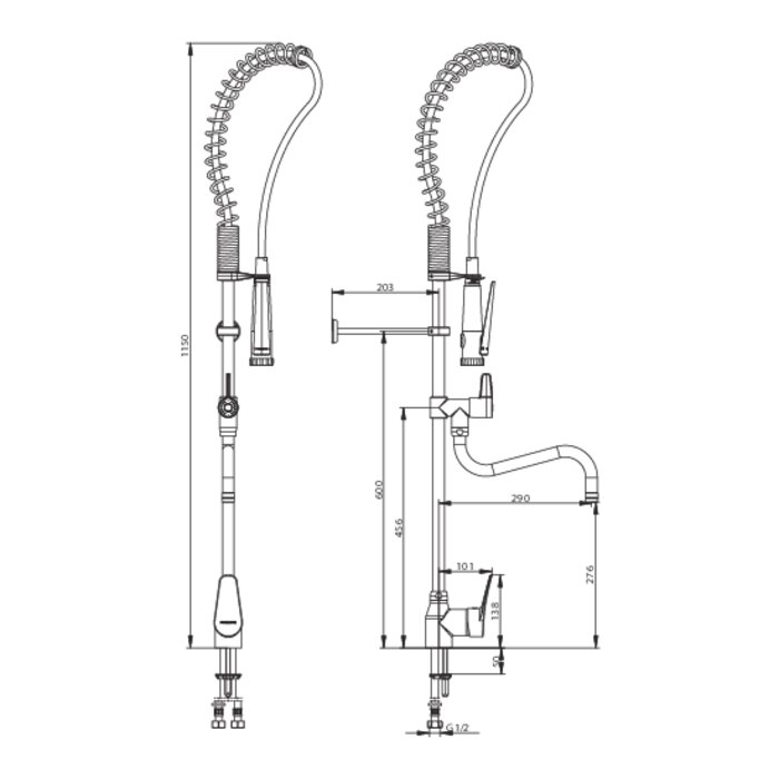 Schéma technique de l’ensemble de prélavage Presto CHEF 70818 avec douchette et bec de remplissage