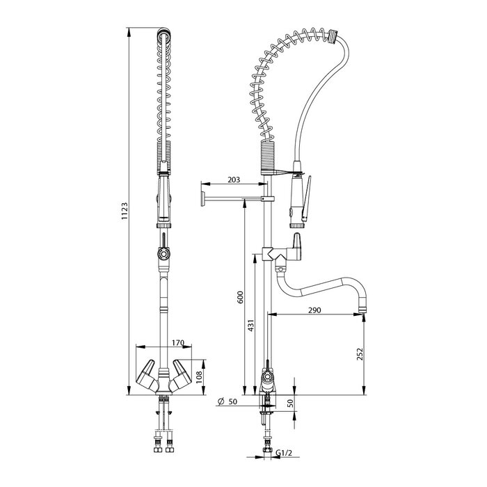 Schéma technique de l’ensemble de prélavage Presto CHEF 70820 avec douchette et bec de remplissage