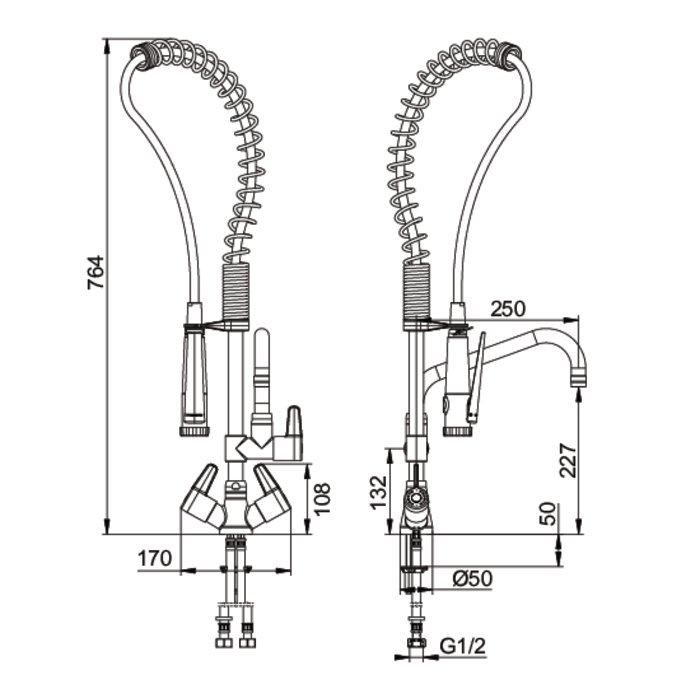 Schéma technique de l’ensemble de prélavage compact Presto CHEF 70830 avec douchette et bec de remplissage