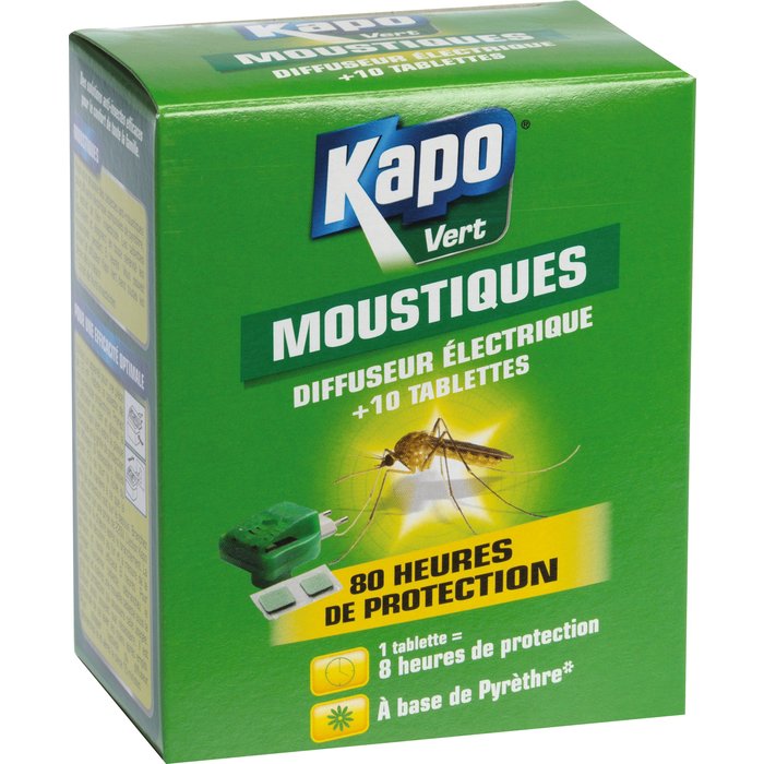 Moustiques émanateur électrique 100 % végétal Kapo Vert - Diffuseur + 10 tablettes