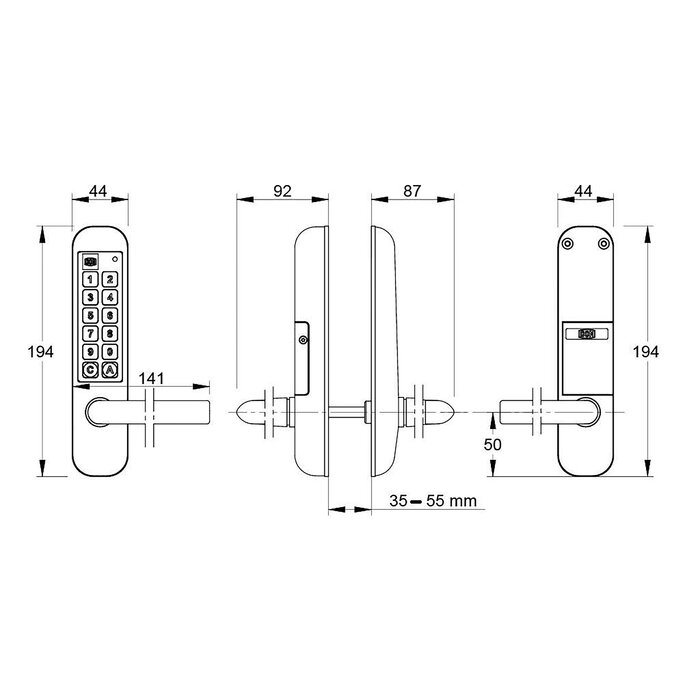 Schéma dimensions béquille électronique Easykey Adapt DOM porte 35 à 80 mm